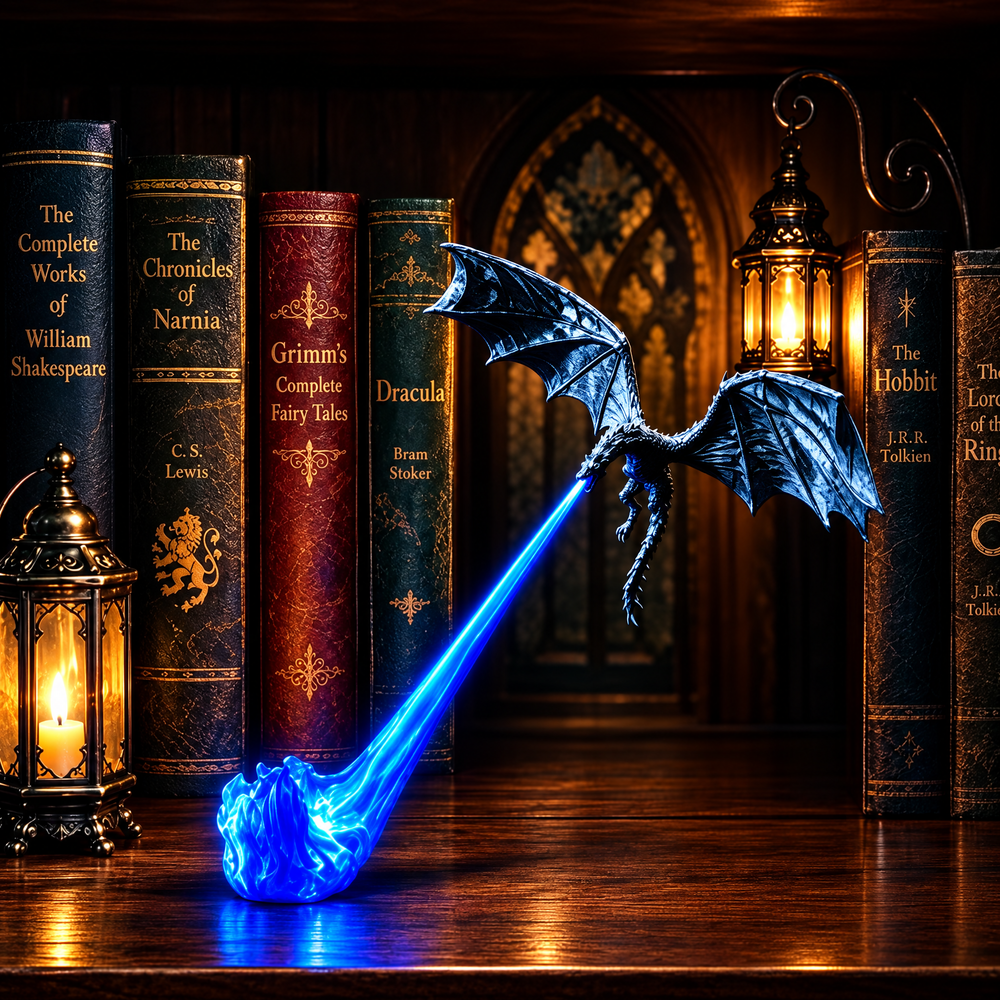 Dragon noir, flamme LED bleue