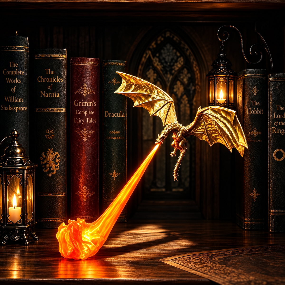 Lampe dragon doré cracheur de feu, flamme LED orange, sur une bibliothèque