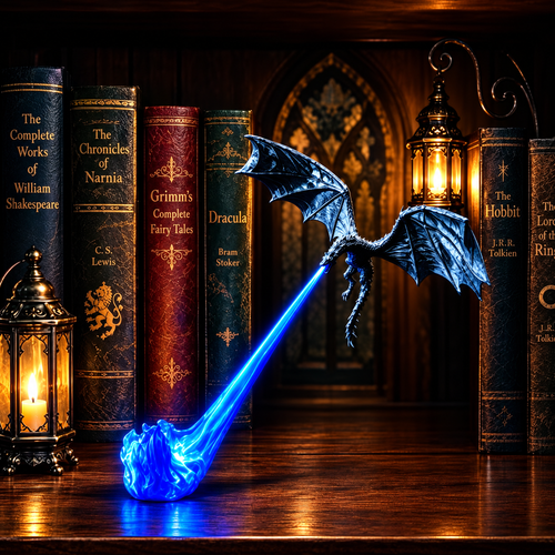 Lampe dragon noir cracheur de feu, flamme LED bleue, sur une bibliothèque