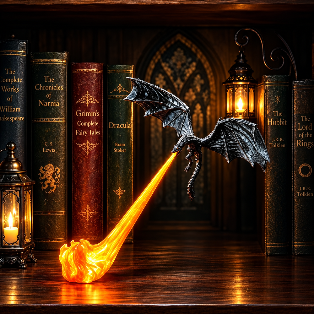 Dragon cracheur de feu posé sur une bibliothèque, flamme LED allumée