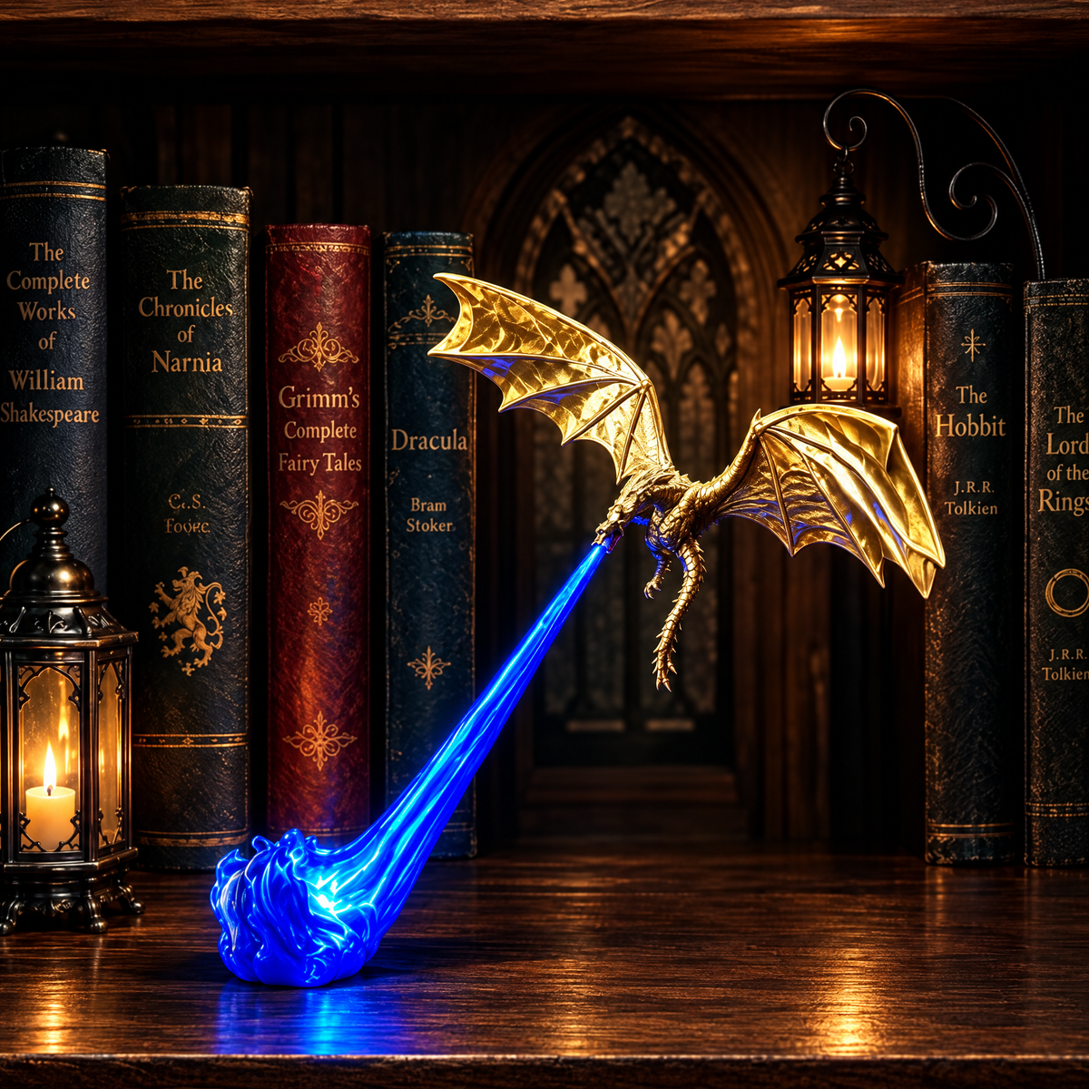 Lampe dragon doré cracheur de feu, flamme LED bleue, sur une bibliothèque