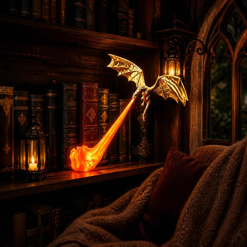 Lampe dragon doré cracheur de feu, flamme LED orange, dans un coin lecture