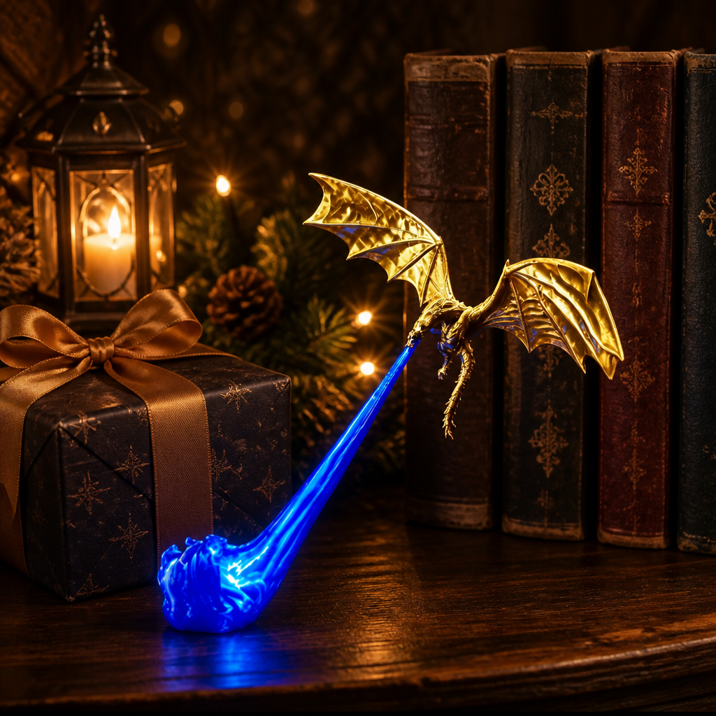 Lampe dragon doré, flamme LED bleue, à côté d'un cadeau emballé