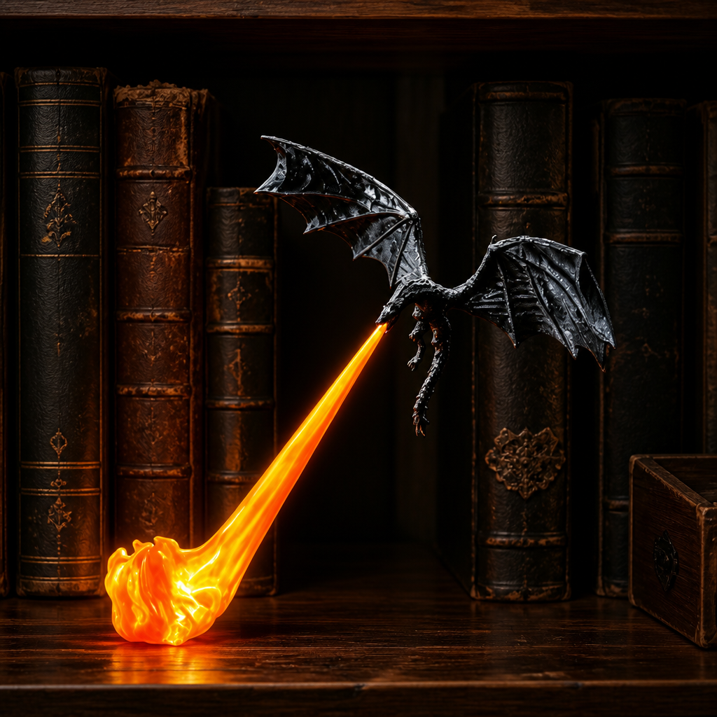 Lampe dragon noir cracheur de feu, flamme LED orange, gros plan sur une étagère