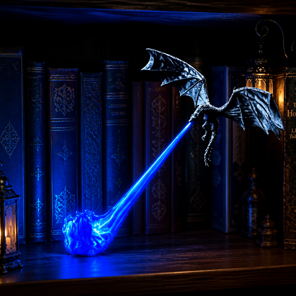 Lampe dragon noir cracheur de feu, flamme LED bleue, sur une étagère de romans